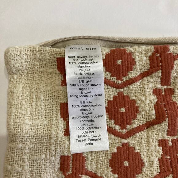 West Elm Lumbar Woven Pillow Cover Cream & Terracotta Red Boho Tassels 13" x 33" - Picture 9 of 9